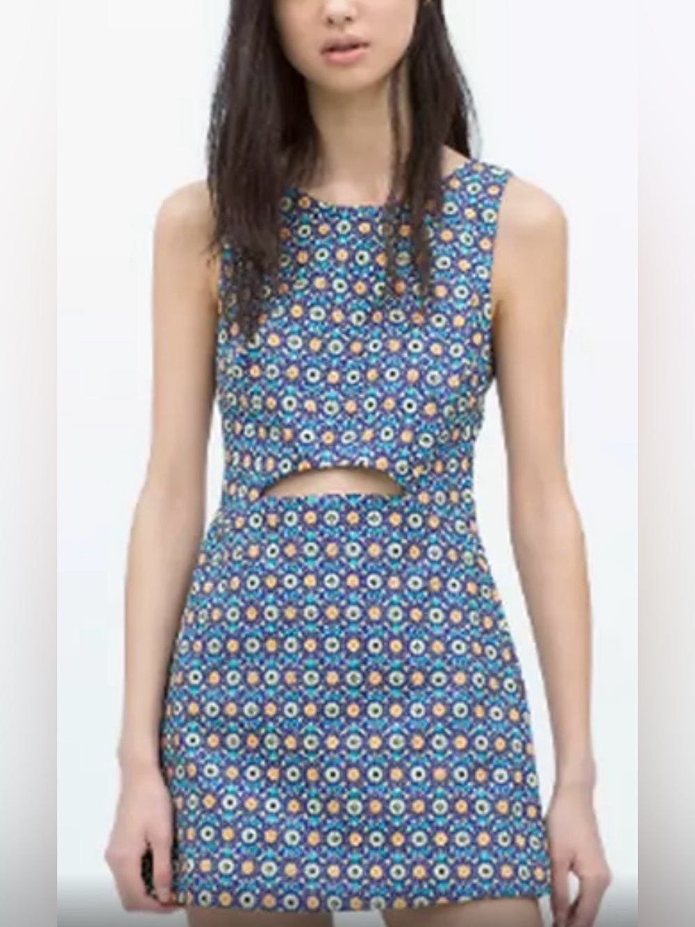 ZARA Trafaluc Cutout Romper Dress Blue Floral Sleeveless Fit & Flare Size M